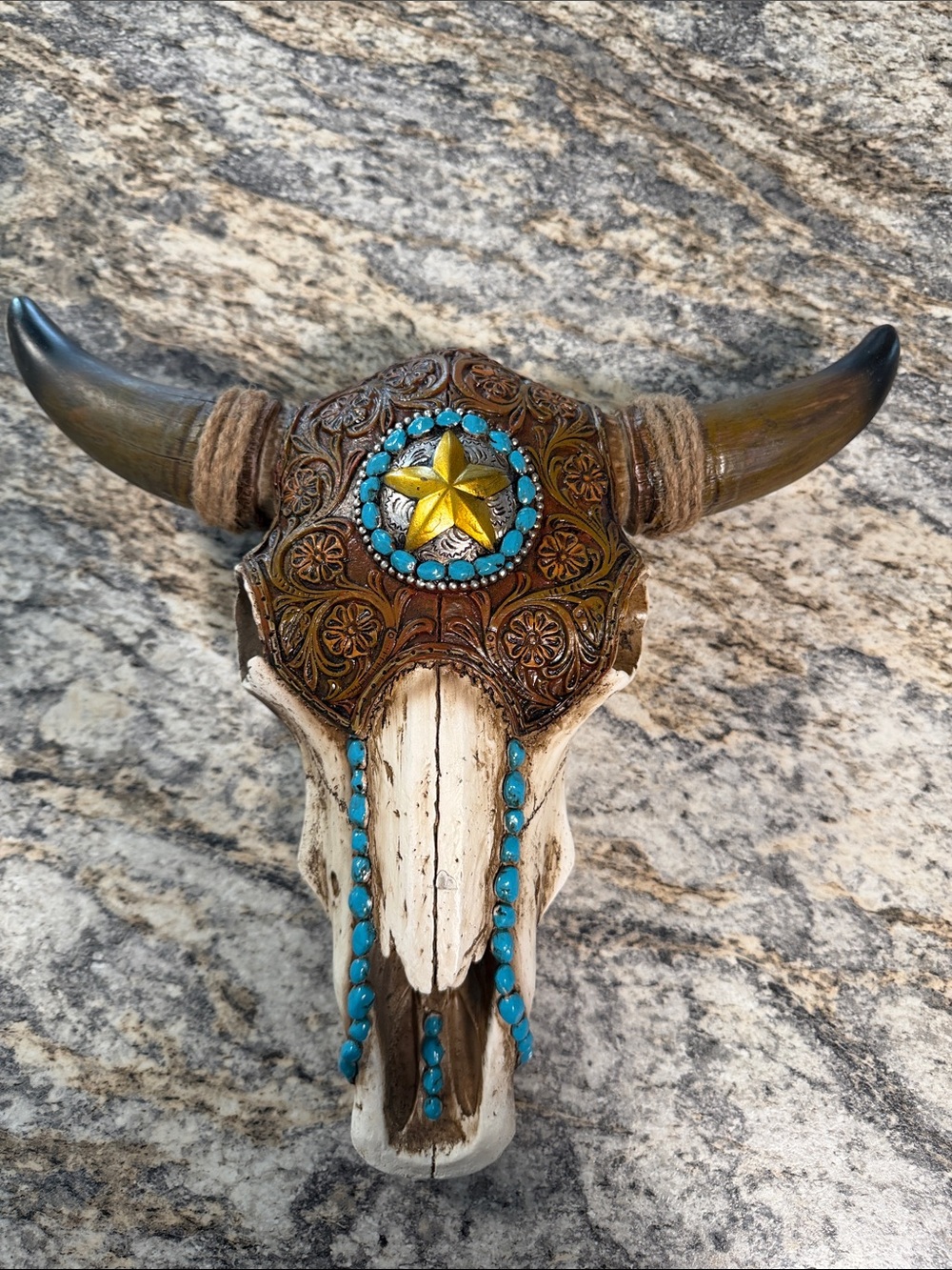 Decorative Bull Skull Wall Accent with Turquoise Beading and Gold Star